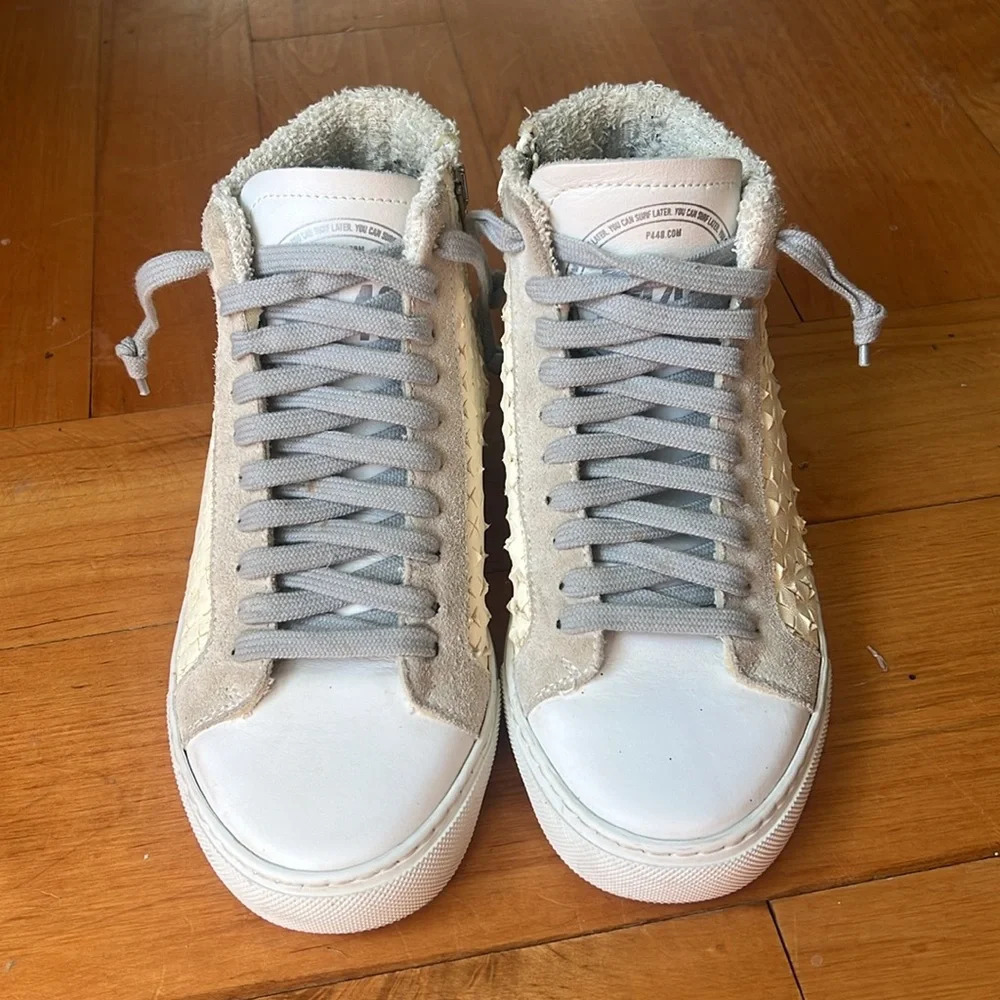 P448 Women's Cream and Grey Preforated High Top Trainers Size 36 US 6-6.5 - Picture 3 of 9